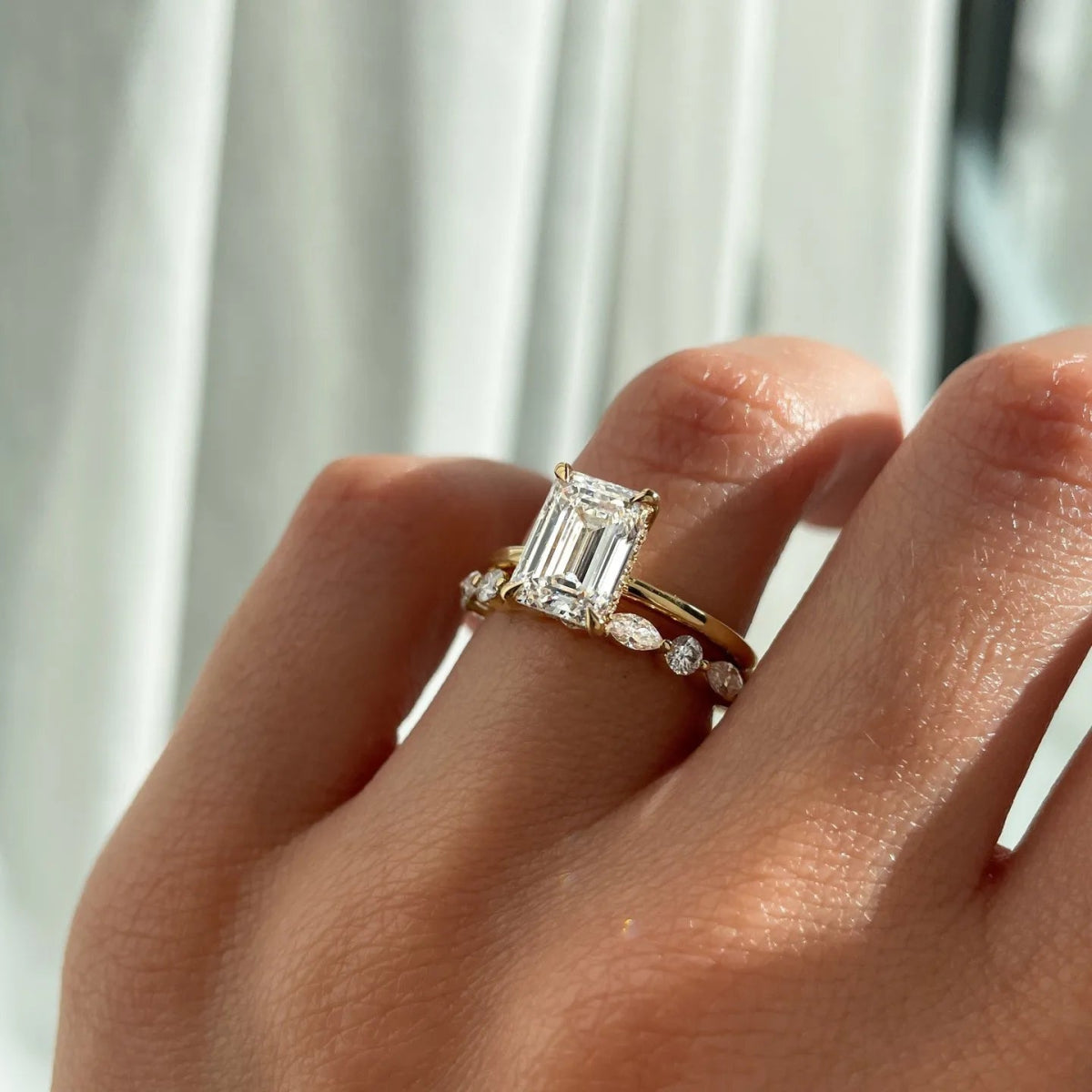 2.5 Carat Moissanite Emerald Cut Bridal Set with Pave Wedding Band - Kalyn & Co.
