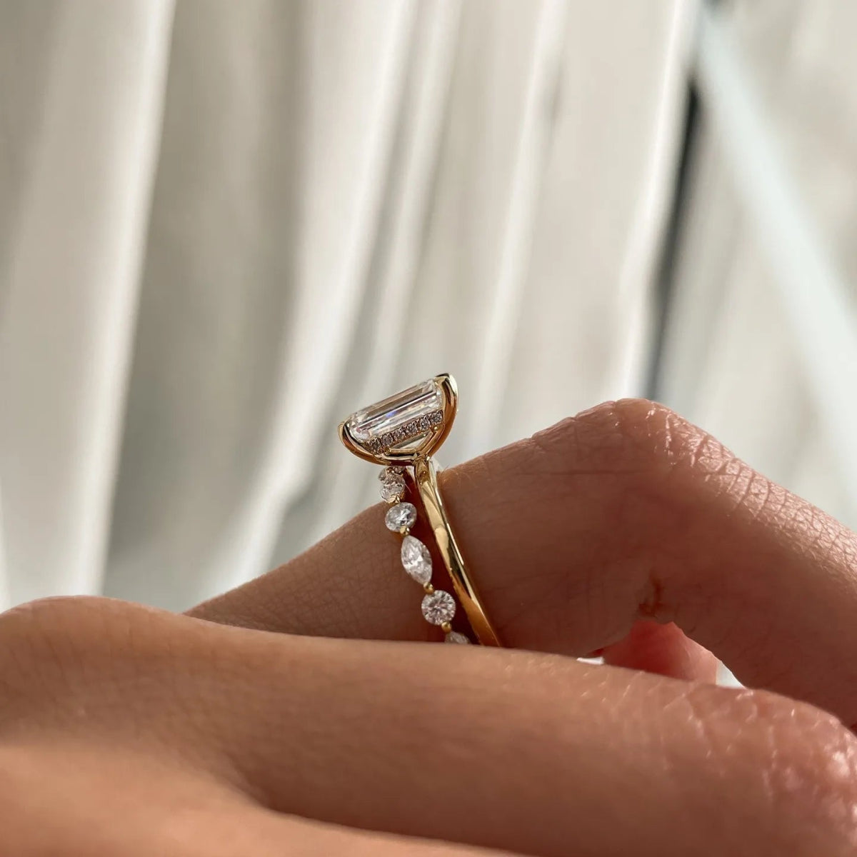 2.5 Carat Moissanite Emerald Cut Bridal Set with Pave Wedding Band - Kalyn & Co.