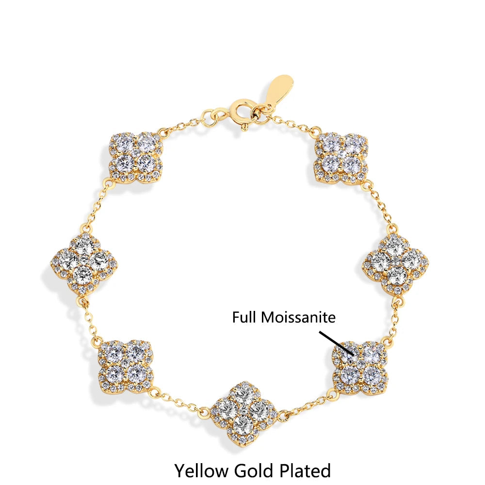 Clover Motif Moissanite Bracelet 14k Gold Plated | Full Moissanite