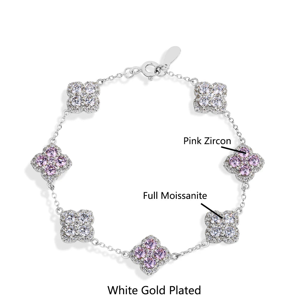 Clover Motif Moissanite Bracelet 925 Silver | Pink Zircon