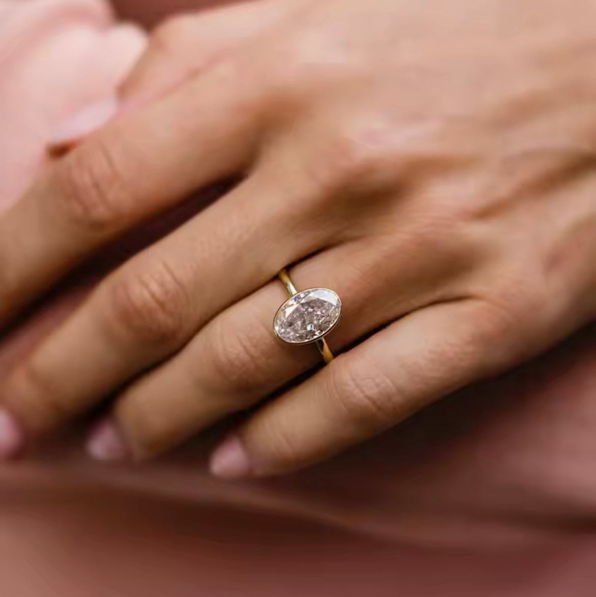 3 Carat Crushed Ice Hybrid Oval Cut Bezel Moissanite Solitare w/ Hidden Halo