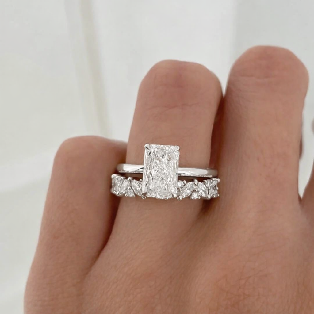 HELGA | Bridal Set - Crushed Ice Radiant Cut 3 Carat Moissanite Ring with Pave Marquis Eternity Band