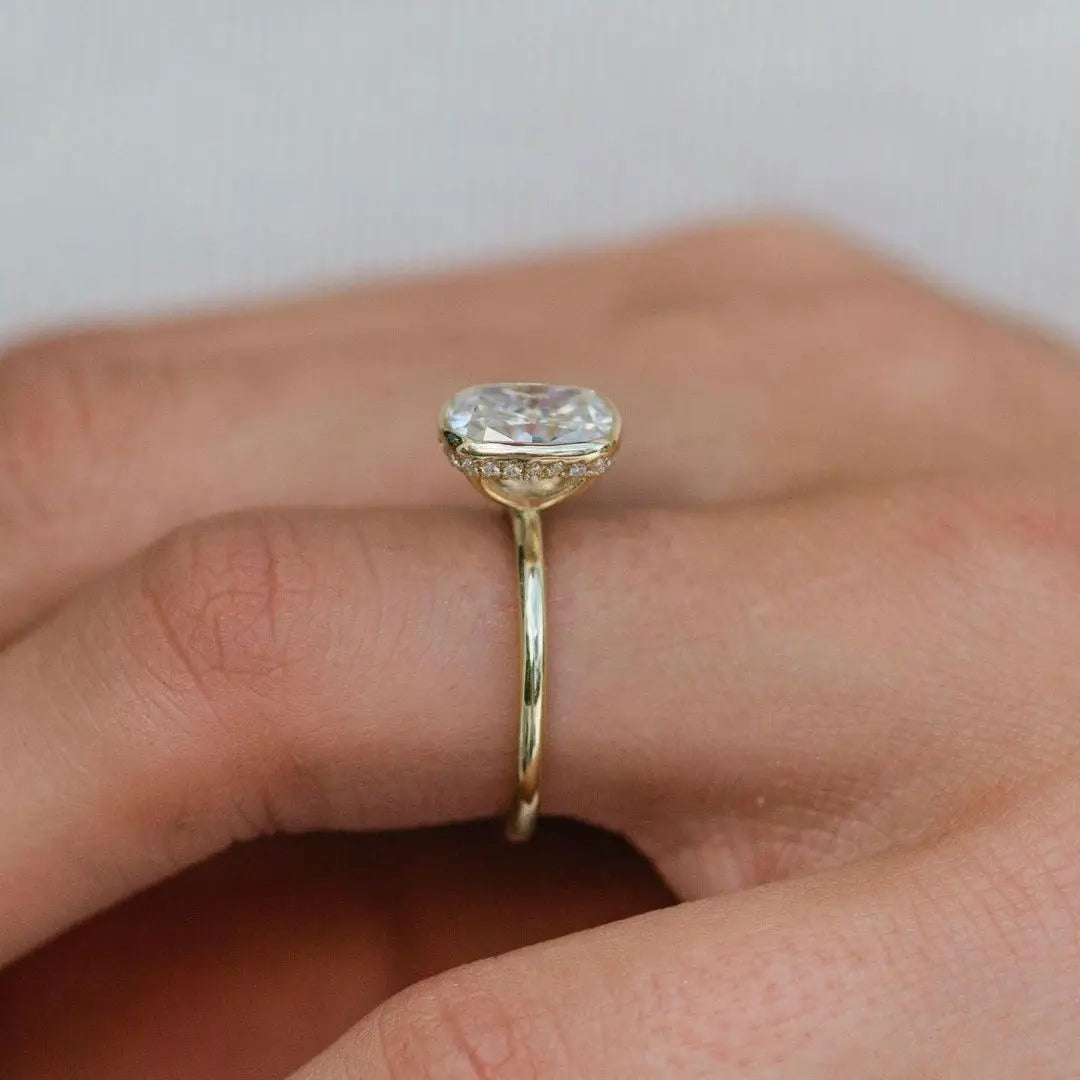 (CUSTOM) EMBLA | 3.5 Carat Moissanite Crushed Ice Cushion Cut Bezel Solitaire | Hidden Halo
