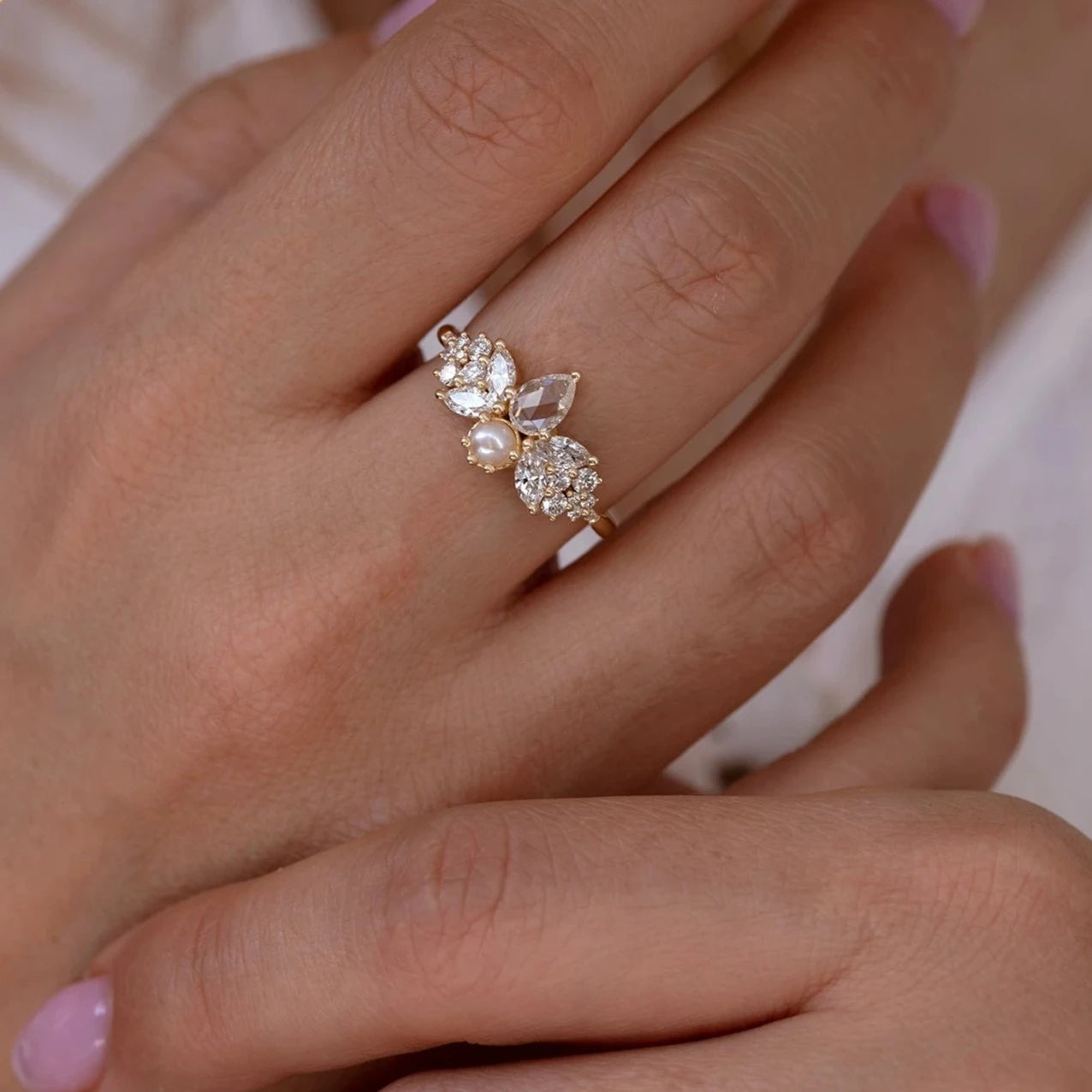 Whimsicle Fairytale Engagement Ring - 1ct Pear Rose Cut + Fresh Water Pearl