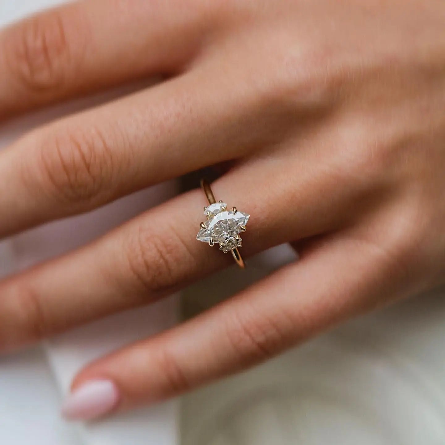 KATLA | Moissanite Engagement Ring 2 Carat Crushed Ice Three Stone Marquise Cut