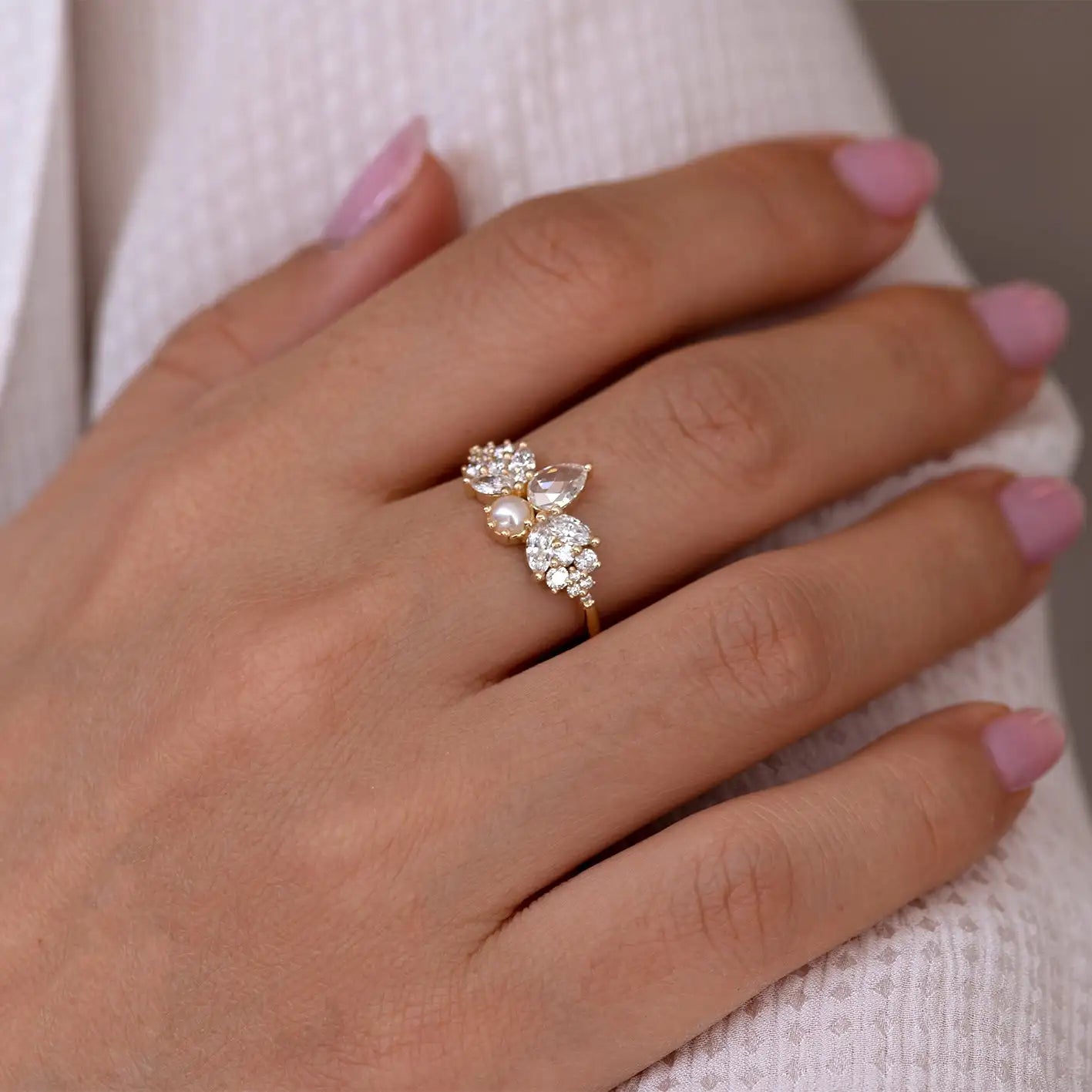 Whimsicle Fairytale Engagement Ring - 1ct Pear Rose Cut + Fresh Water Pearl