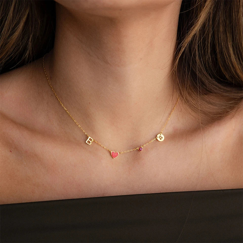 Custom Initial Heart Necklace with Birthstone and Zodiac Sign