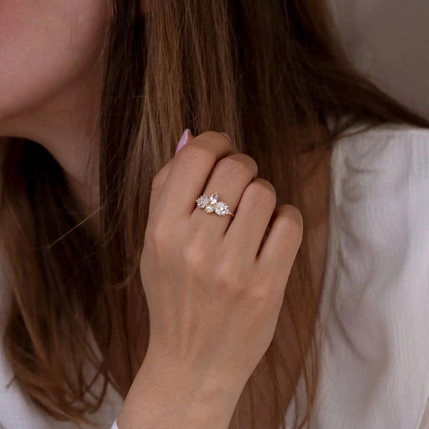 Whimsicle Fairytale Engagement Ring - 1ct Pear Rose Cut + Fresh Water Pearl