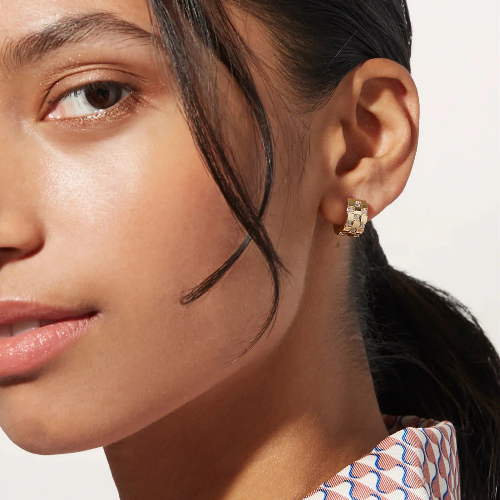 Wide Checker Hoop Huggie Earrings