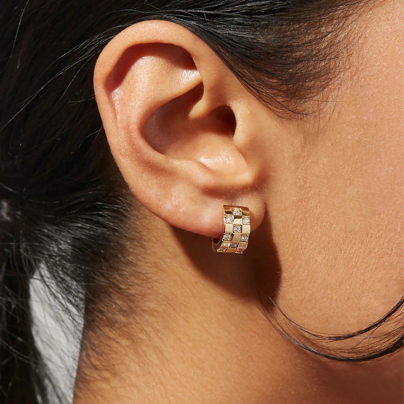 Wide Checker Hoop Huggie Earrings