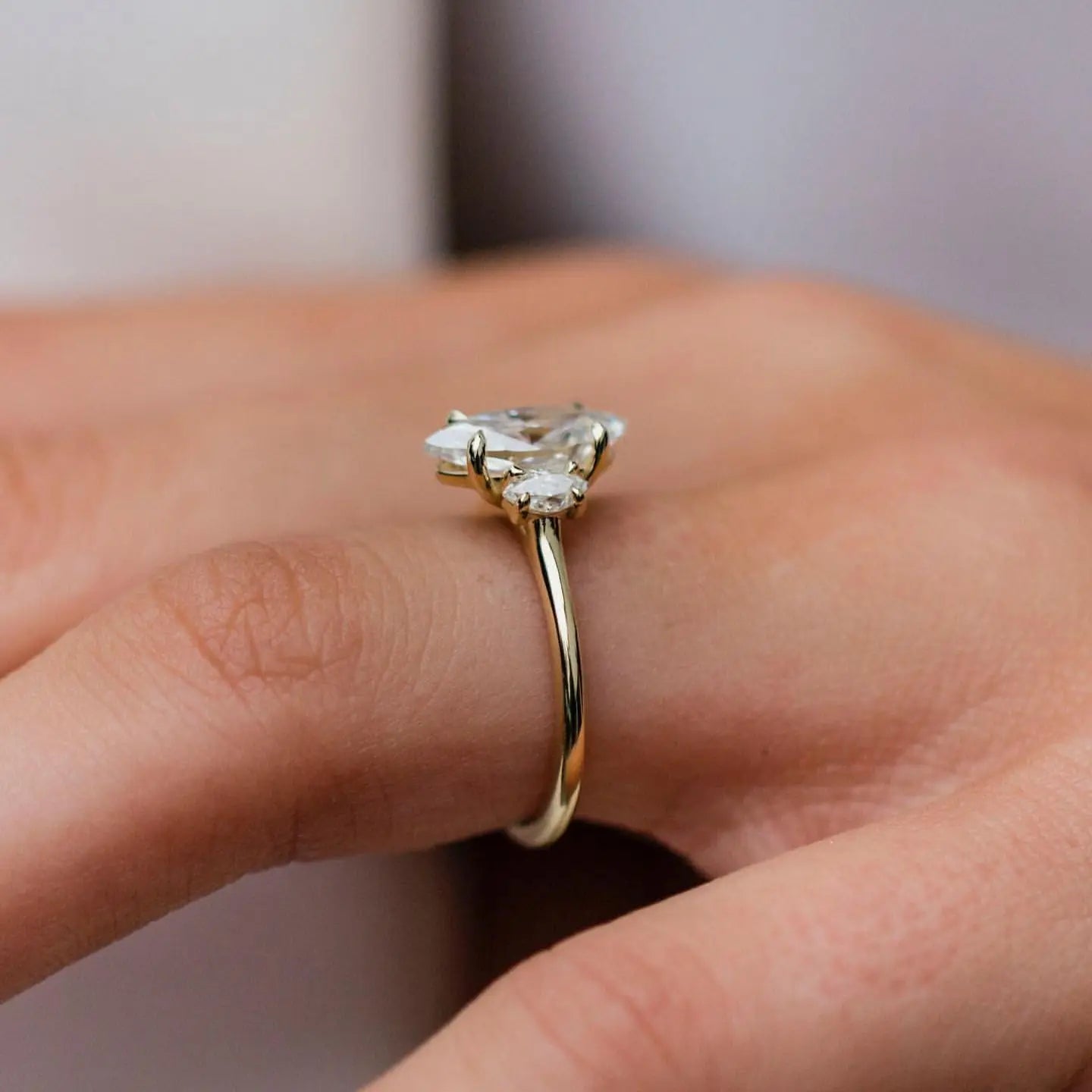 KATLA | Moissanite Engagement Ring 2 Carat Crushed Ice Three Stone Marquise Cut