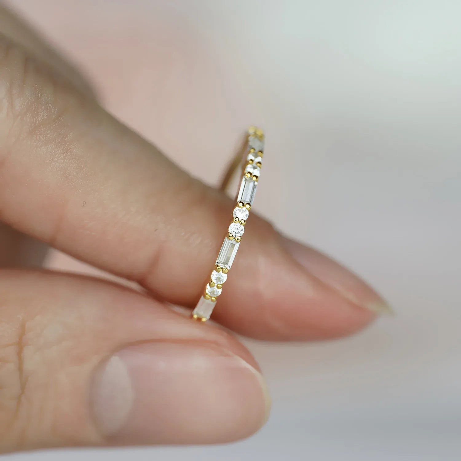 LIVA | Elongated Emerald Cut Baguette Moissanite Band | Half Eternity Ring