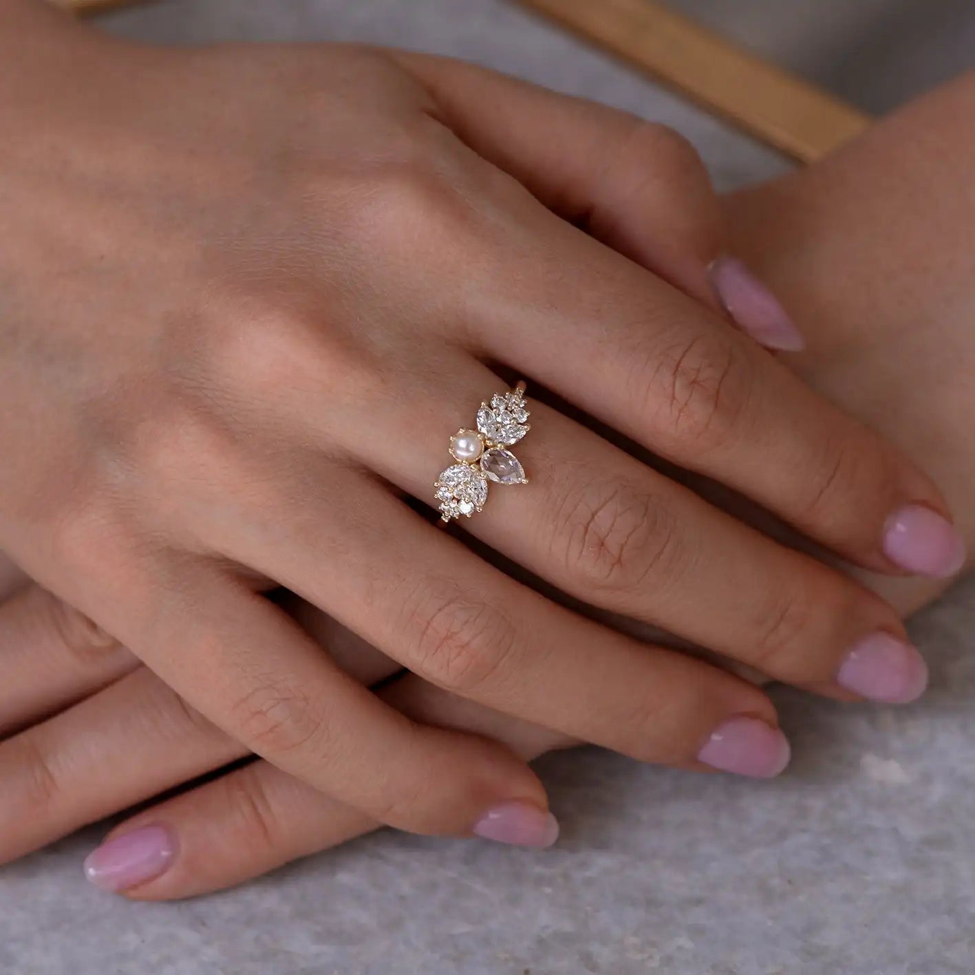 Whimsicle Fairytale Engagement Ring - 1ct Pear Rose Cut + Fresh Water Pearl