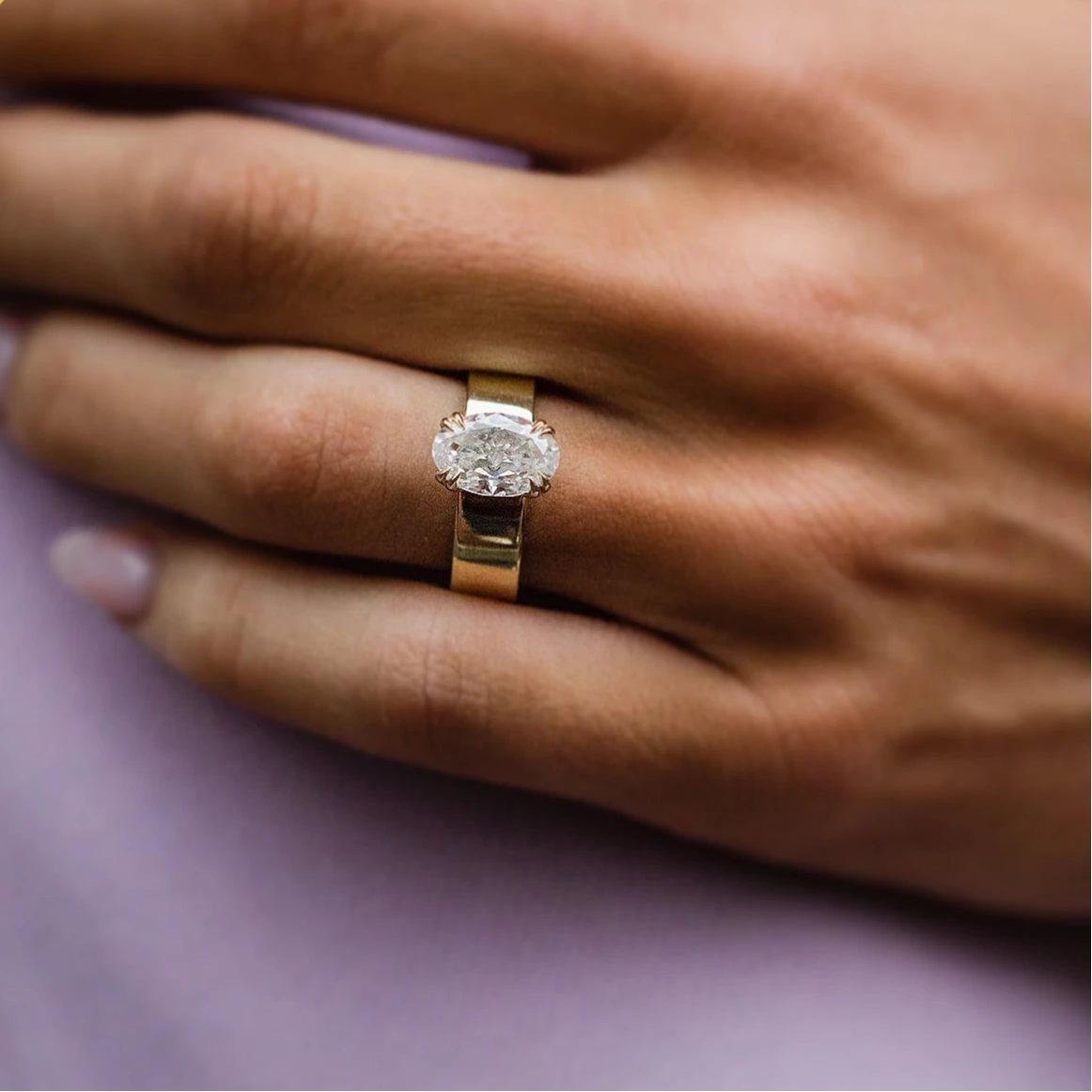 TORUNN | 2.5 Carat Crushed Ice Oval Cut | 14k Yellow Gold Cigar Band 6mm Flat Solitaire