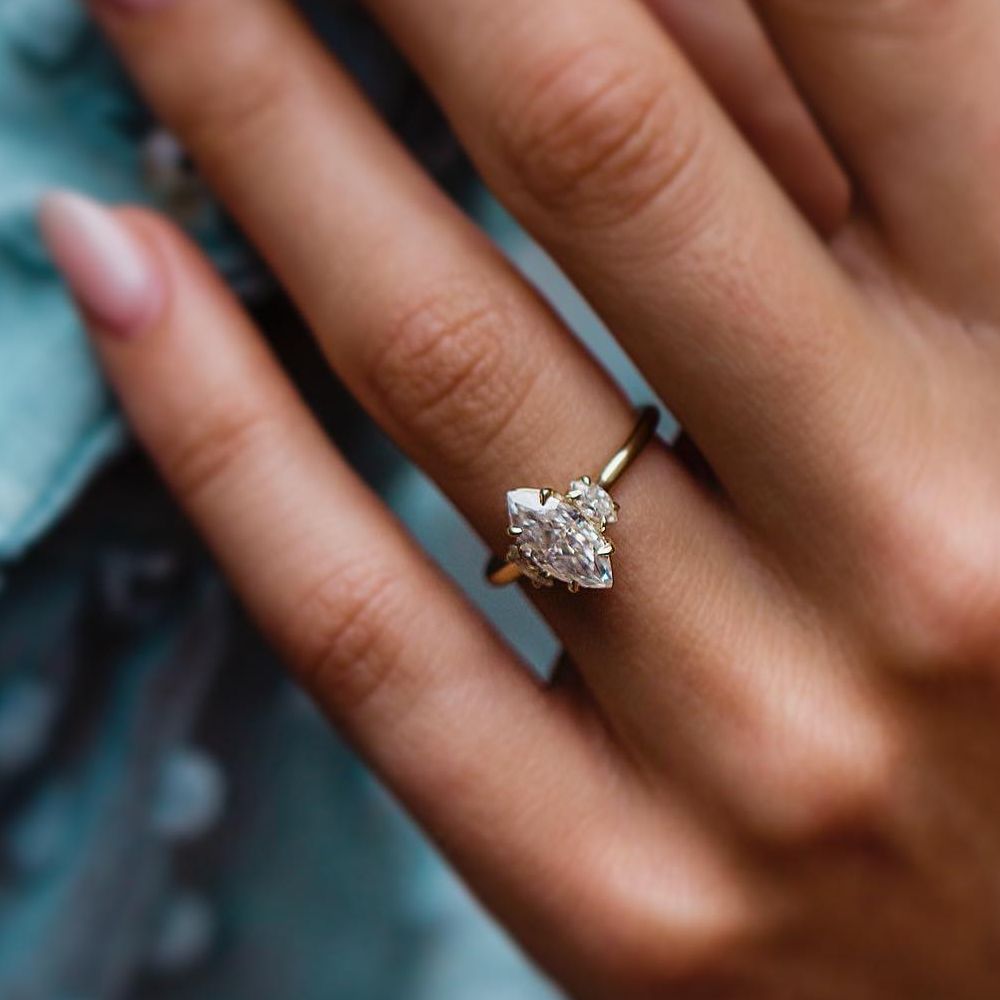 KATLA | Moissanite Engagement Ring 2 Carat Crushed Ice Three Stone Marquise Cut