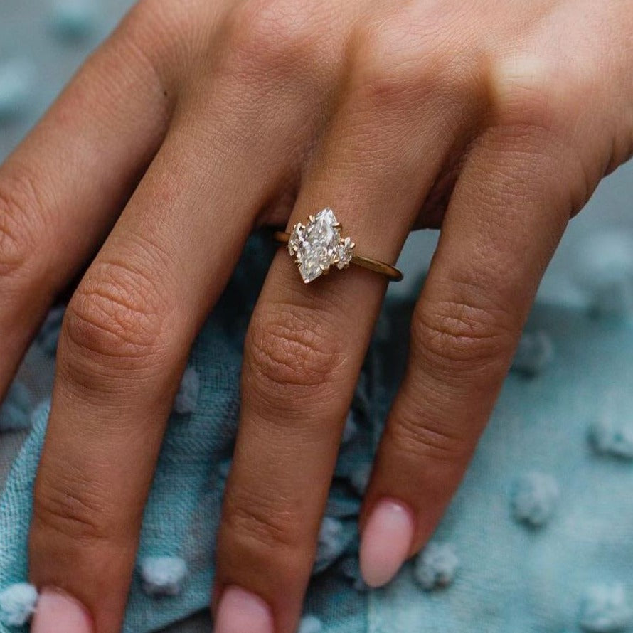 KATLA | Moissanite Engagement Ring 2 Carat Crushed Ice Three Stone Marquise Cut