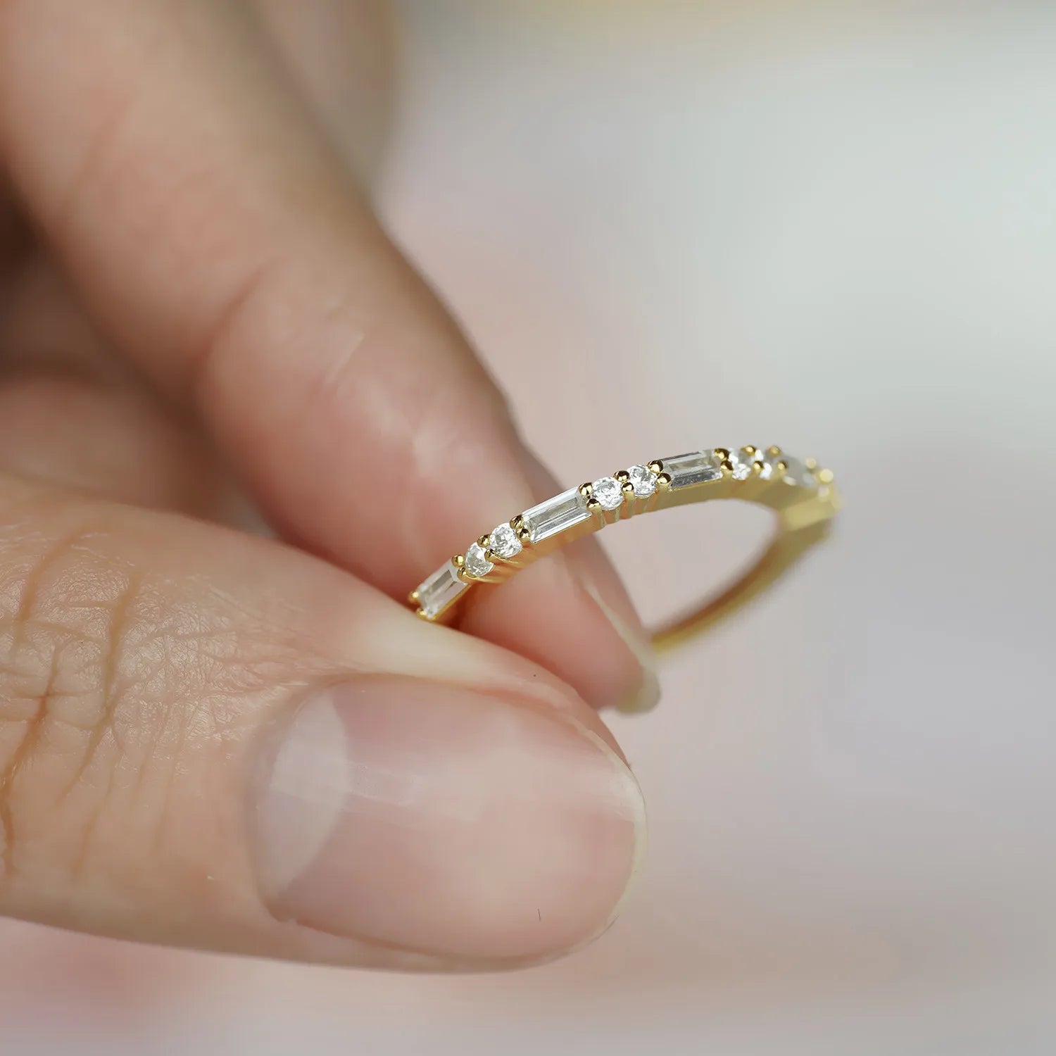 LIVA Elongated Emerald Cut Baguette Moissanite Band Half Eternity Ring Vermeil Yellow Gold Plated