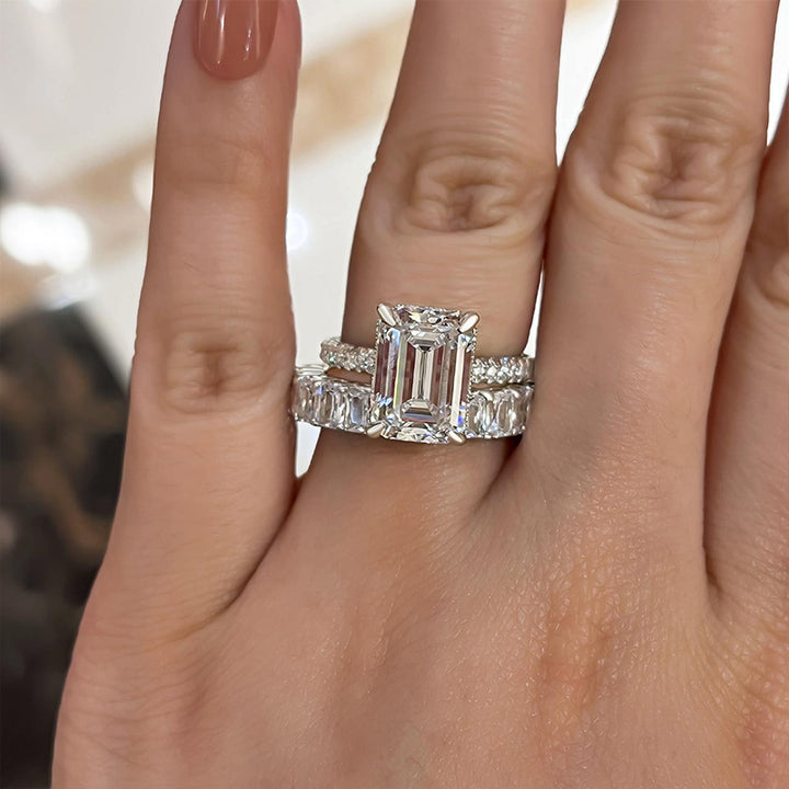 Solveag | Bridal Set - Emerald Cut 6 Carat Moissanite Ring with Pave Eternity Band