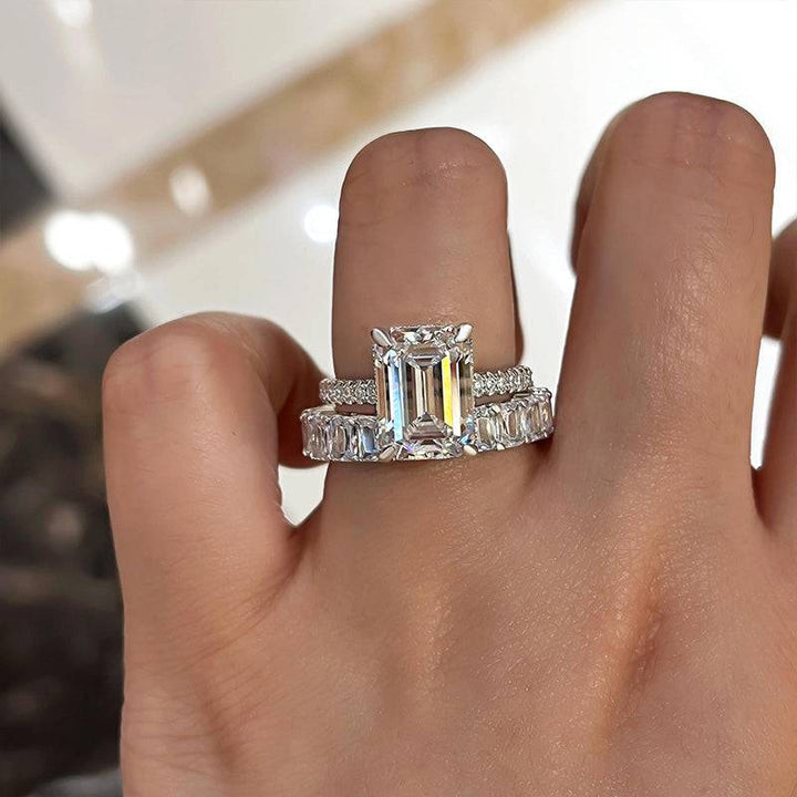 Solveag | Bridal Set - Emerald Cut 6 Carat Moissanite Ring with Pave Eternity Band