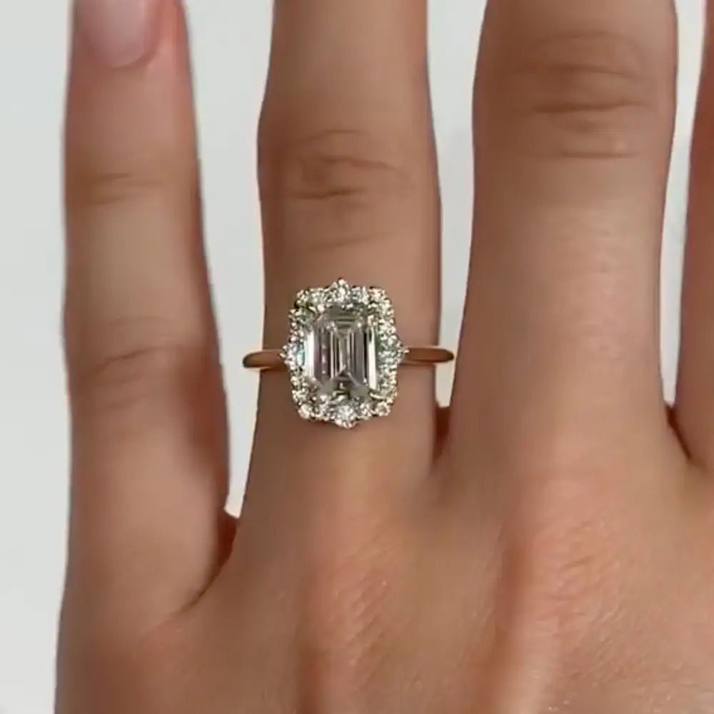 Art-Deco Halo Emerald Cut 2 Carat Moissanite Engagement Ring - Kalyn & Co.