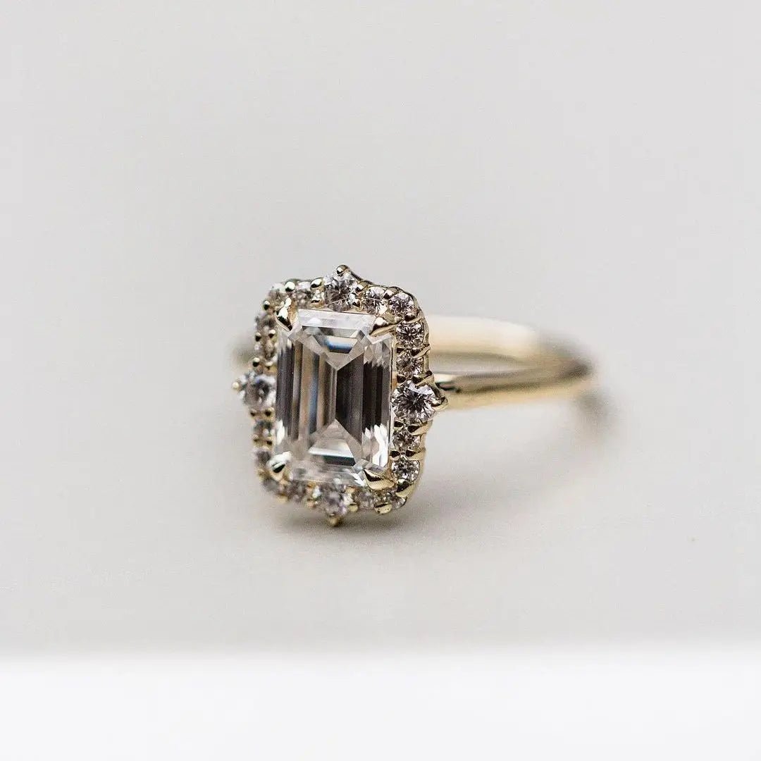 Art-Deco Halo Emerald Cut 2 Carat Moissanite Engagement Ring - Kalyn & Co.