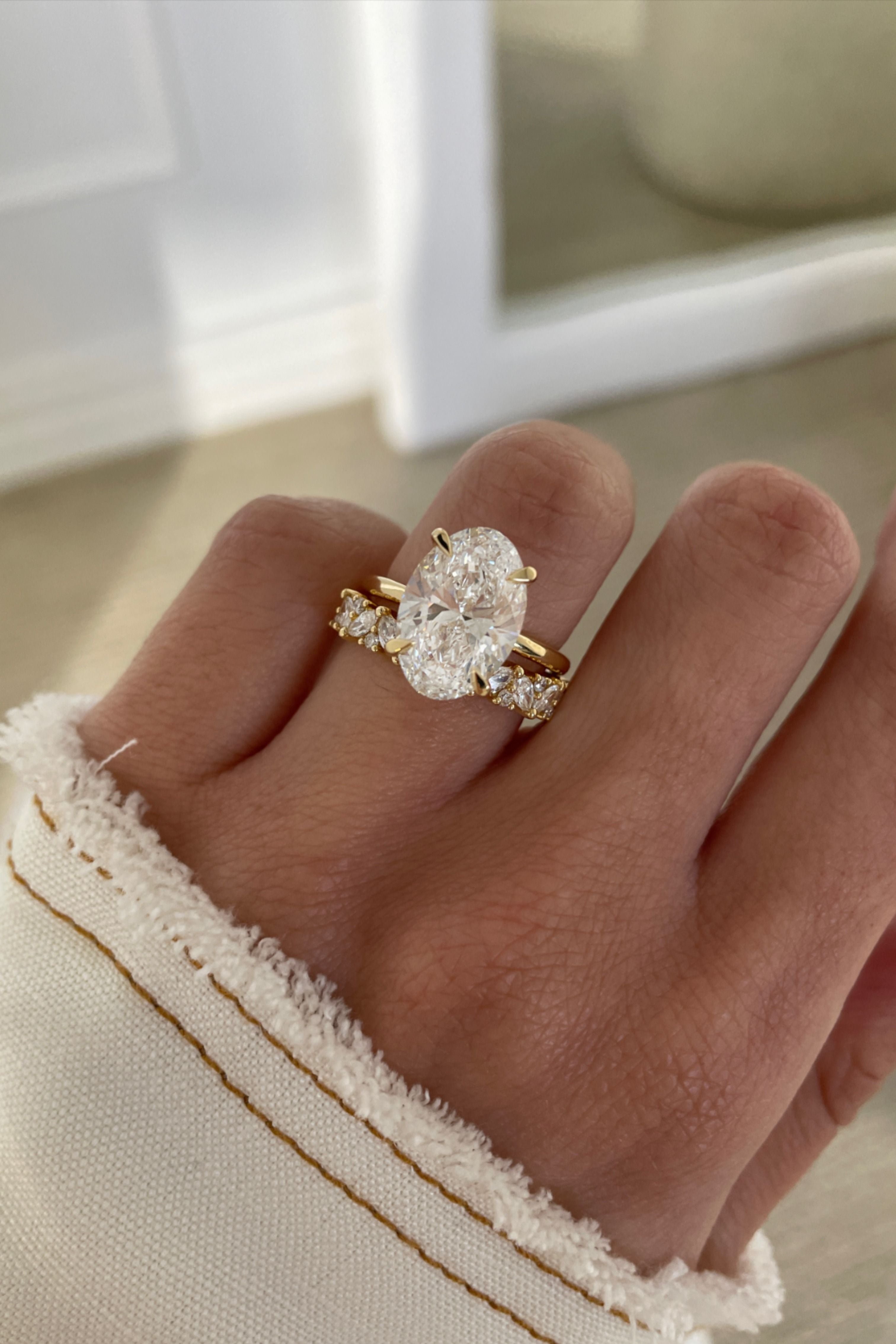 CELAENA | Bridal Set - Oval Cut 3 Carat Moissanite Ring with Pave Marquise Eternity Band