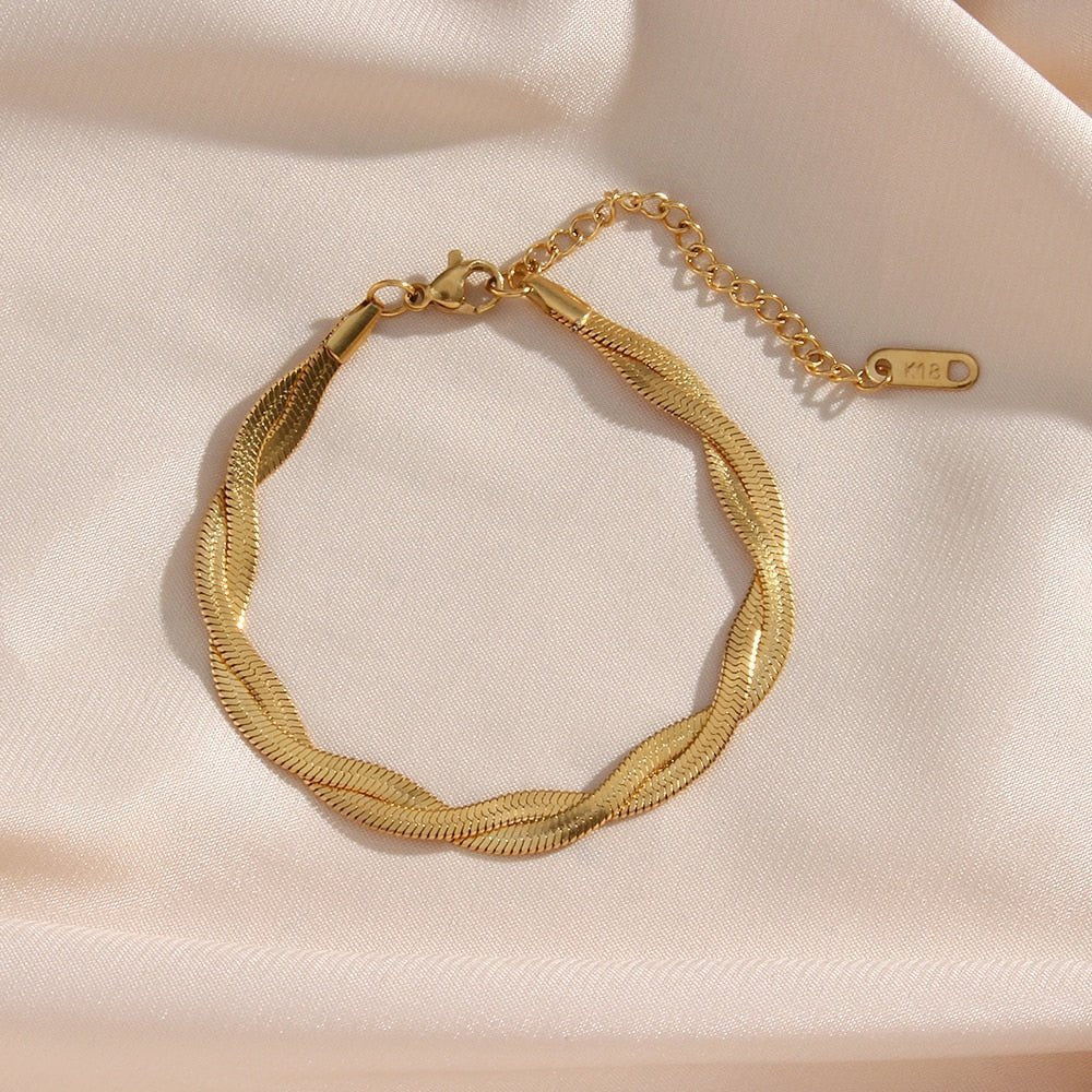 Braided Herringbone Chain Necklace & Bracelets Set - 14K Gold Plated - Kalyn & Co.