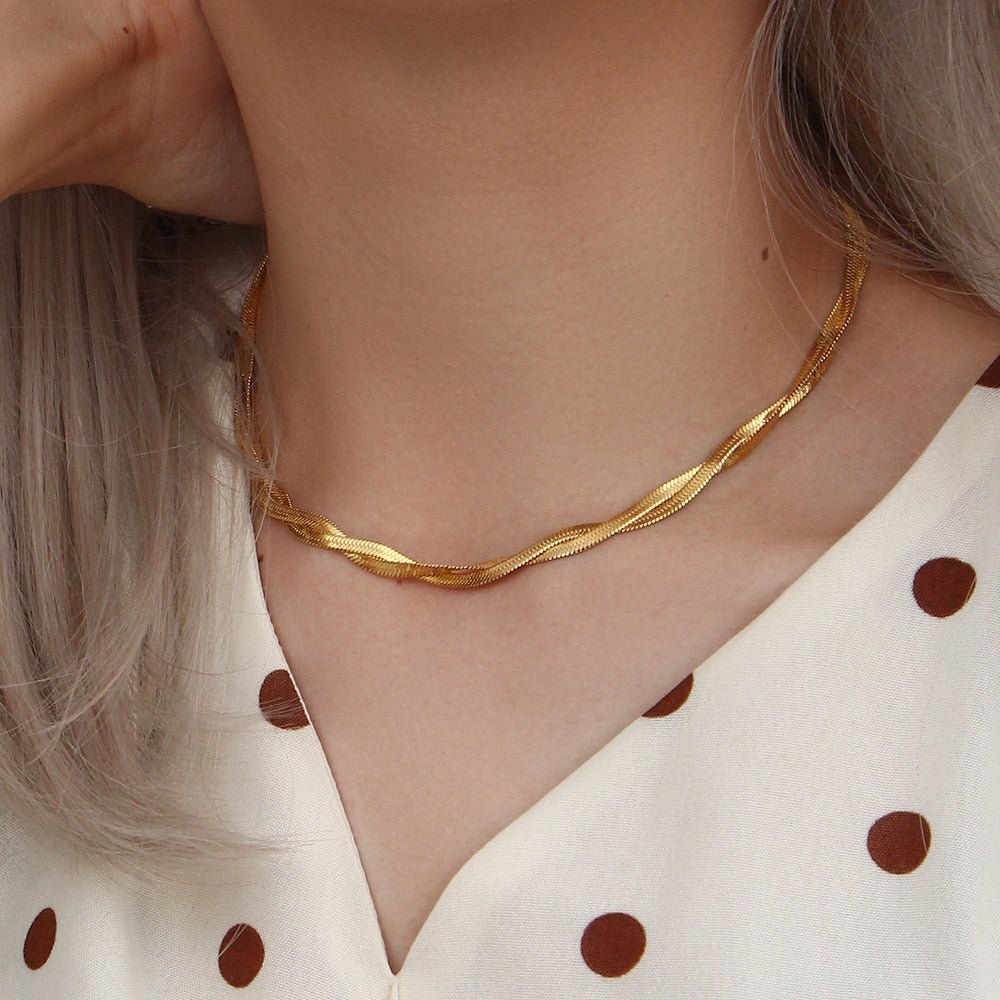Braided Herringbone Chain Necklace & Bracelets Set - 14K Gold Plated - Kalyn & Co.