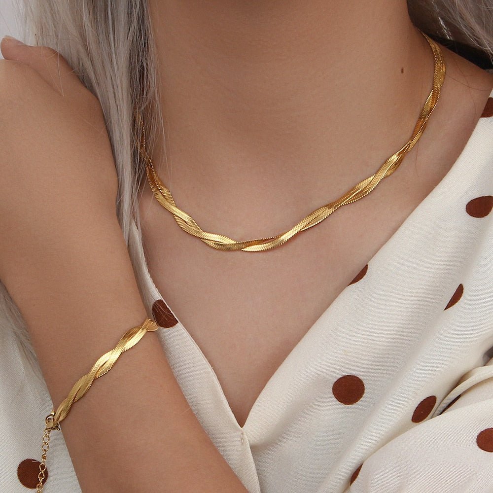 Braided Herringbone Chain Necklace & Bracelets Set - 14K Gold Plated - Kalyn & Co.