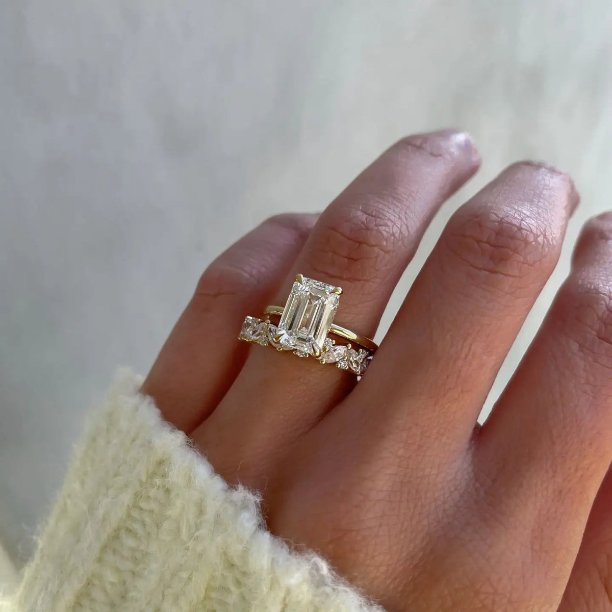 Bridal Set - Emerald Cut 3 Carat Moissanite Ring with Pave Eternity Band - Kalyn & Co.