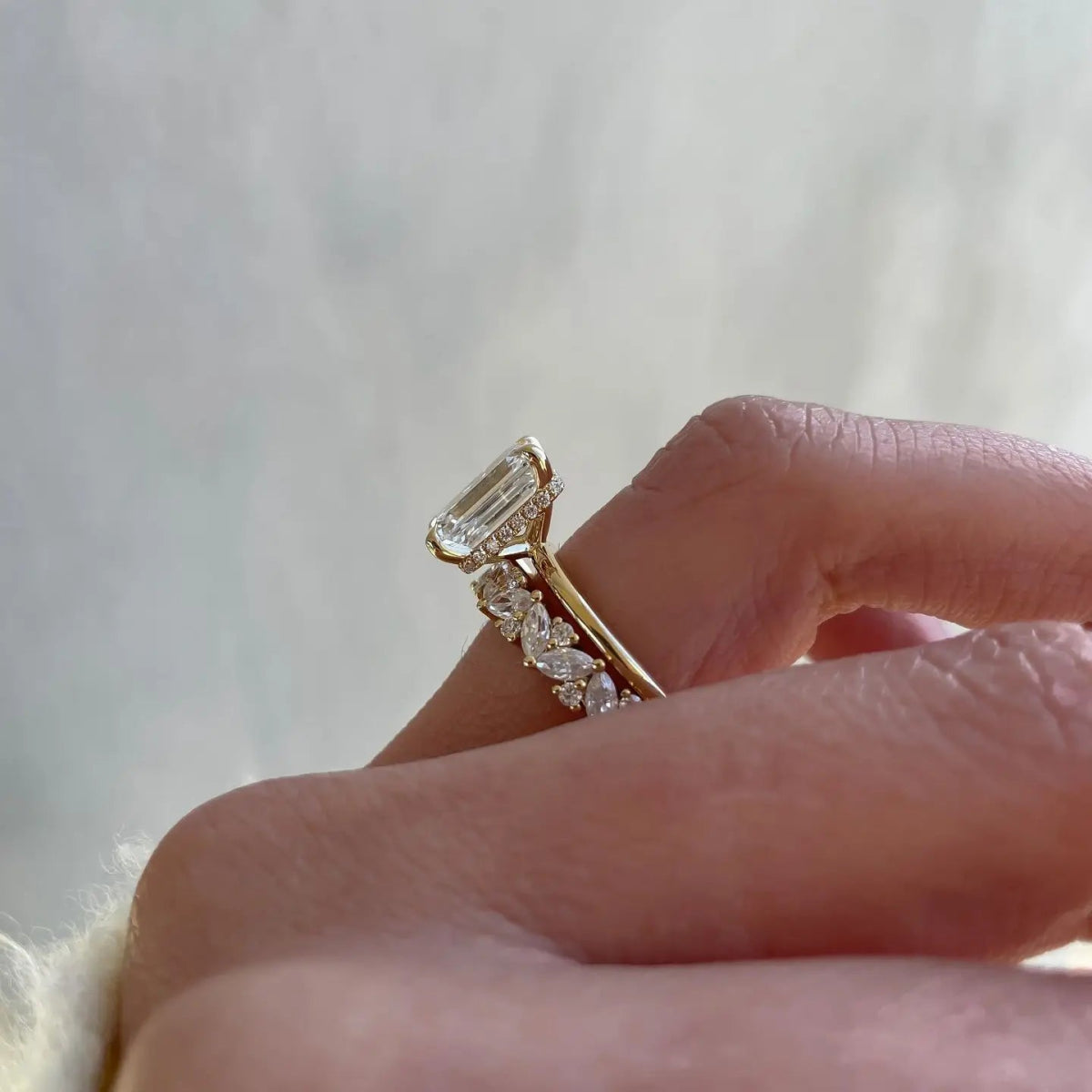 HELGA | Bridal Set - Crushed Ice Radiant Cut 3 Carat Moissanite Ring with Pave Marquis Eternity Band - Kalyn & Co.