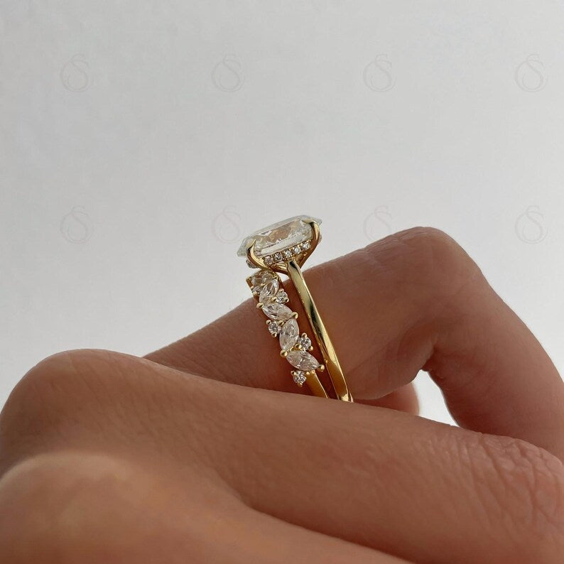 CELAENA | Bridal Set - Oval Cut 3 Carat Moissanite Ring with Pave Marquise Eternity Band