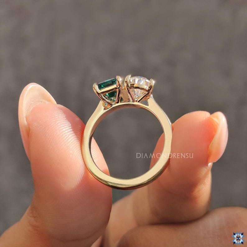 14K Yellow Gold Toi Et Moi Engagement Ring Green Emerald