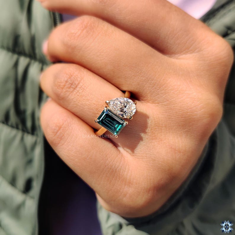 14K Yellow Gold Toi Et Moi Engagement Ring Green Emerald