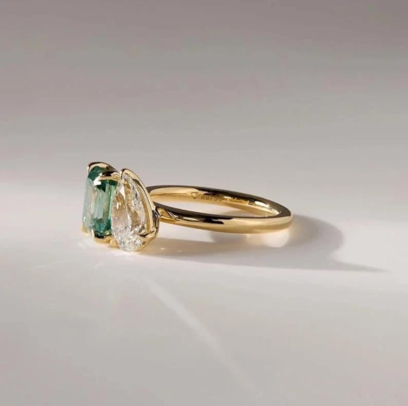 14K Yellow Gold Toi Et Moi Engagement Ring Green Emerald