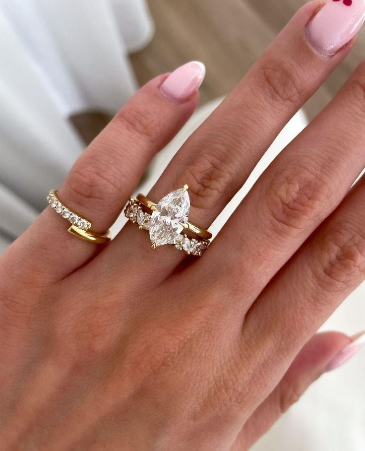 AELIN | Bridal Set - Marquise Cut 3 Carat Moissanite Ring with Pave Marquise Eternity Band