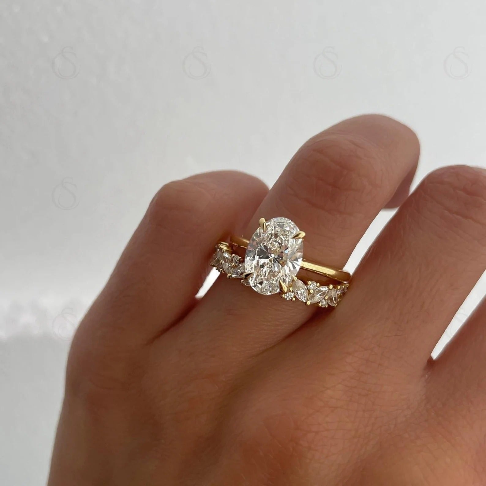 CELAENA | Bridal Set - Oval Cut 3 Carat Moissanite Ring with Pave Marquise Eternity Band