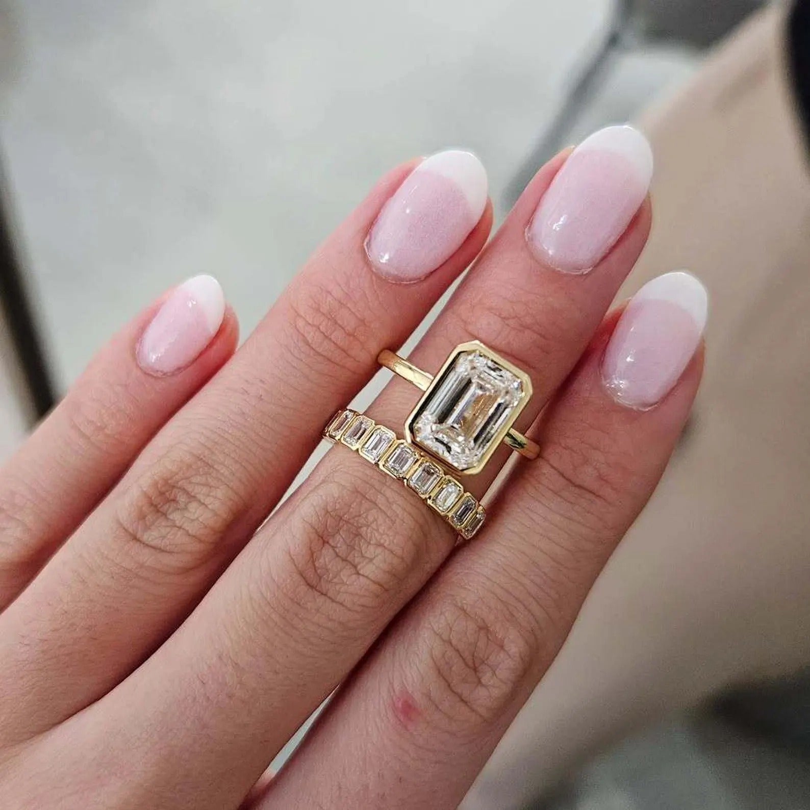 GEMMA | 3.50 CT Emerald Cut Bezel Moissanite Engagement Ring Set with Half Eternity Emerald Bezel Band