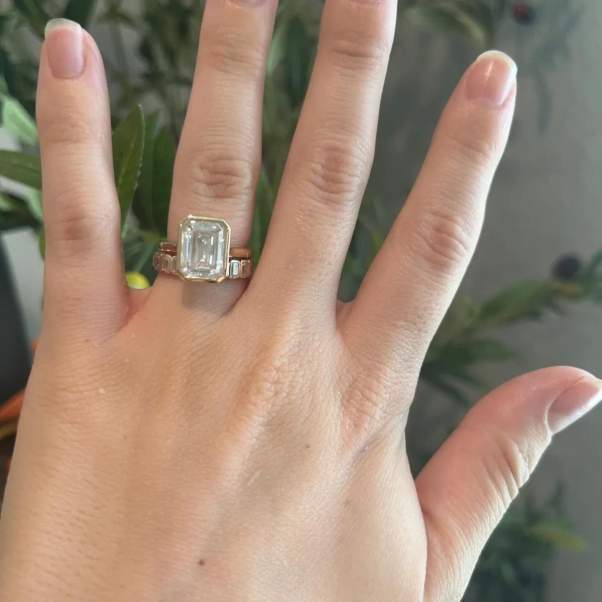 GEMMA | 3.50 CT Emerald Cut Bezel Moissanite Engagement Ring Set with Half Eternity Emerald Bezel Band - Kalyn & Co.