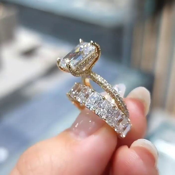 Solveag | Bridal Set - Emerald Cut 6 Carat Moissanite Ring with Pave Eternity Band