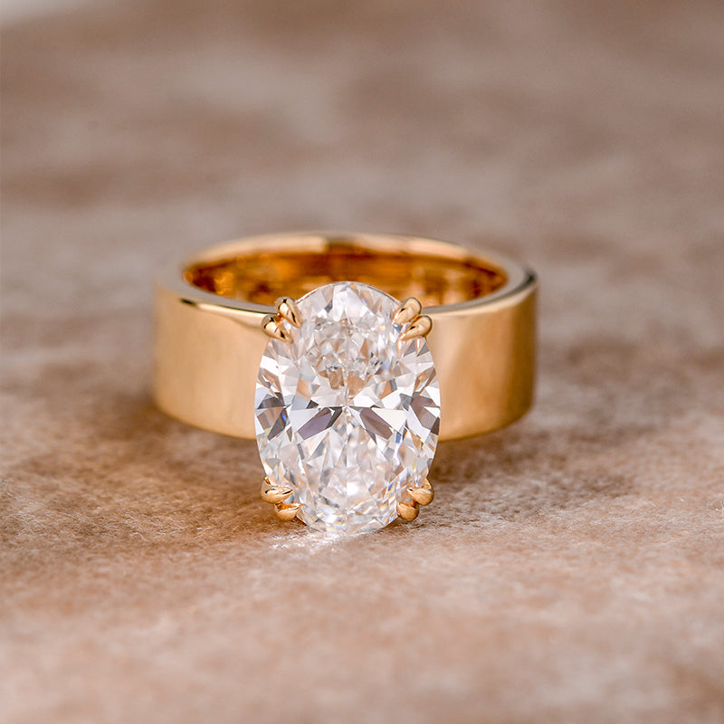TORUNN | 2.5 Carat Crushed Ice Oval Cut | 14k Yellow Gold Cigar Band 6mm Flat Solitaire