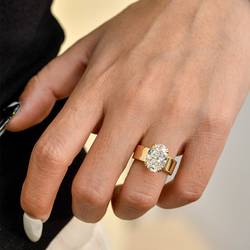 TORUNN | 2.5 Carat Crushed Ice Oval Cut | 14k Yellow Gold Cigar Band 6mm Flat Solitaire