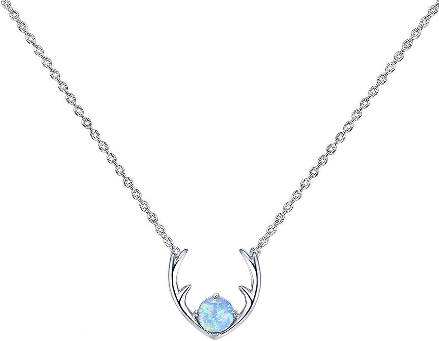 Deer Antler Opal Necklace White Gold