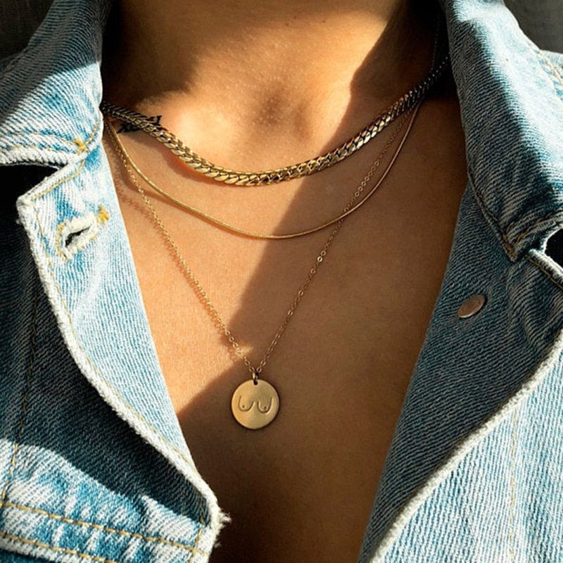 Gold Coin Boobs Necklace Feminist Handmade Jewelry