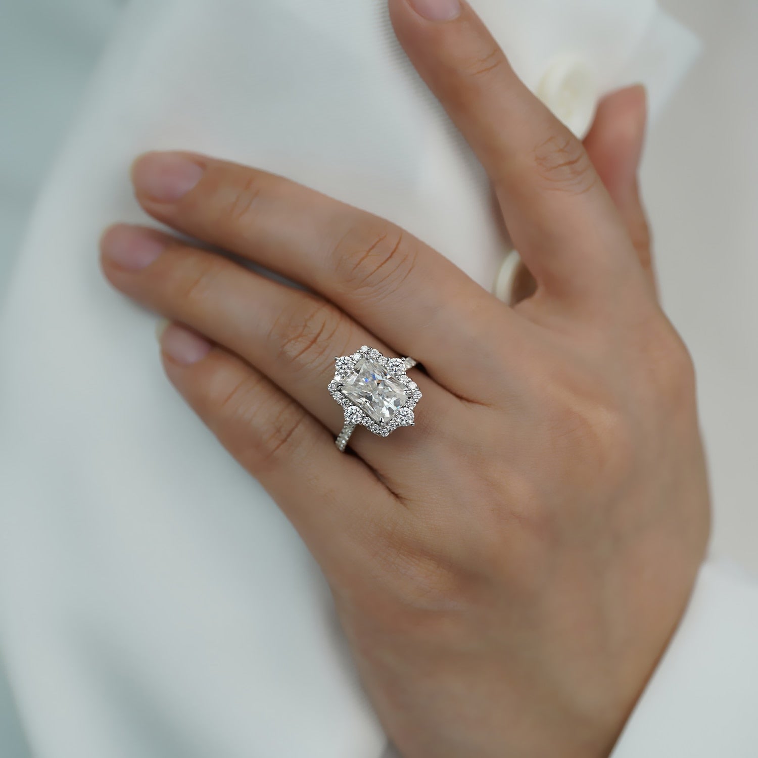 radiant cut halo moissanite engagement ring