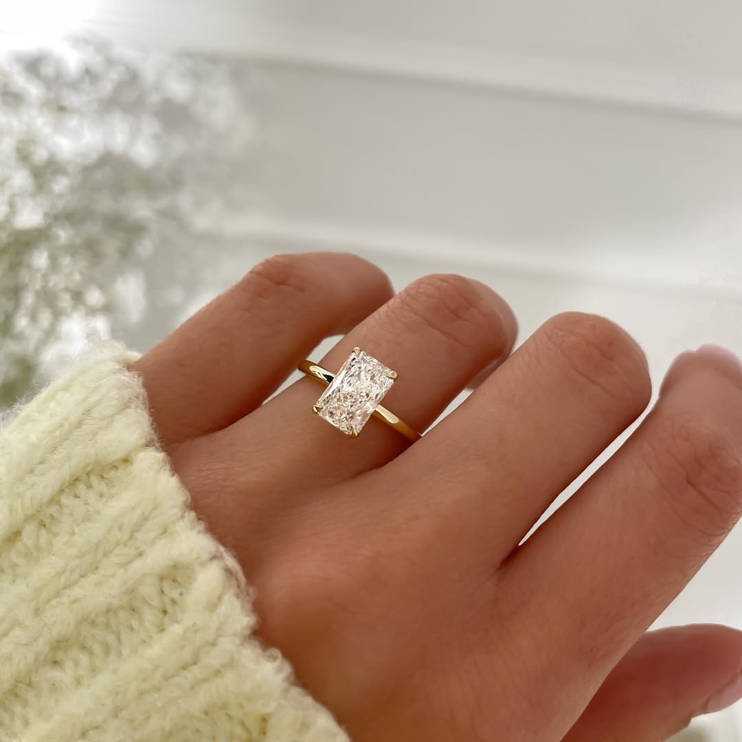 HELGA | Bridal Set - Crushed Ice Radiant Cut 3 Carat Moissanite Ring with Pave Marquis Eternity Band
