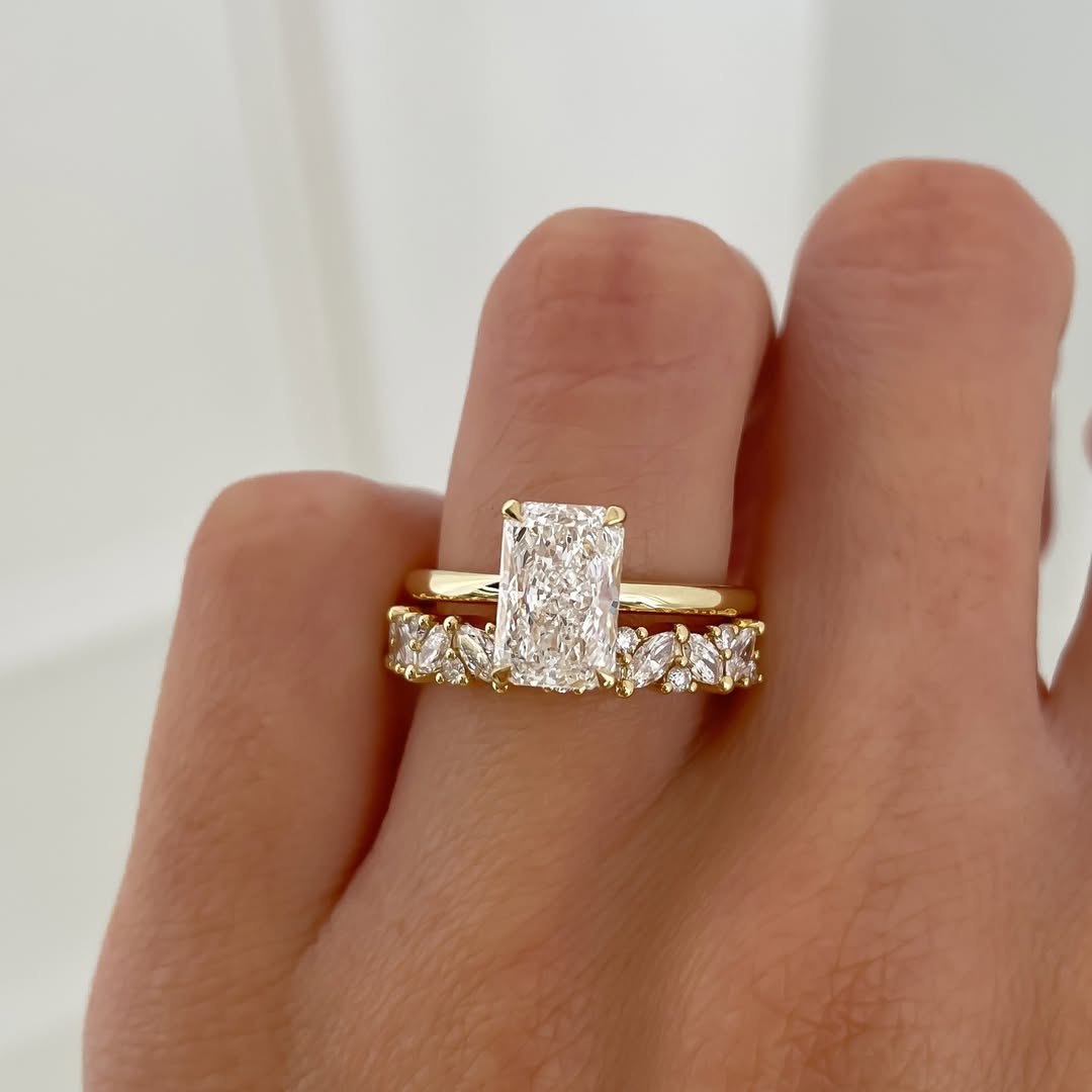 HELGA | Bridal Set - Crushed Ice Radiant Cut 3 Carat Moissanite Ring with Pave Marquis Eternity Band