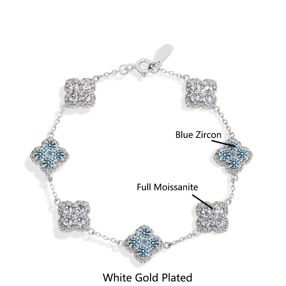 Clover Motif Moissanite Bracelet 925 Silver | Blue Zircon