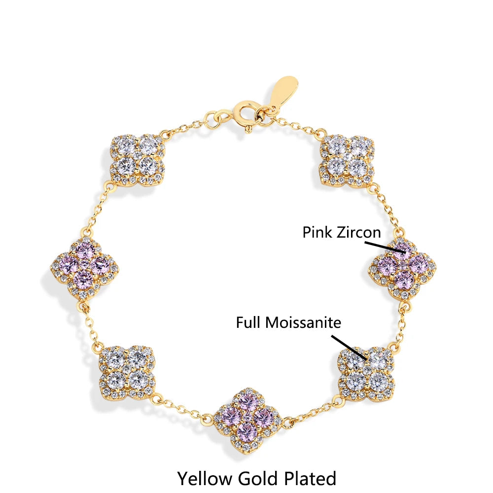Clover Motif Moissanite Bracelet 14k Gold Plated | Pink Zircon