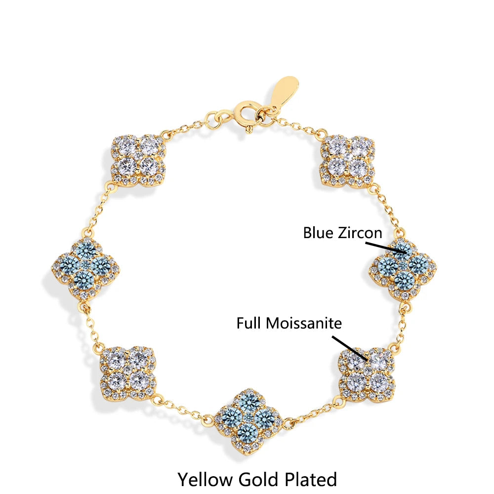 Clover Motif Moissanite Bracelet 14k Gold Plated | Blue Zircon